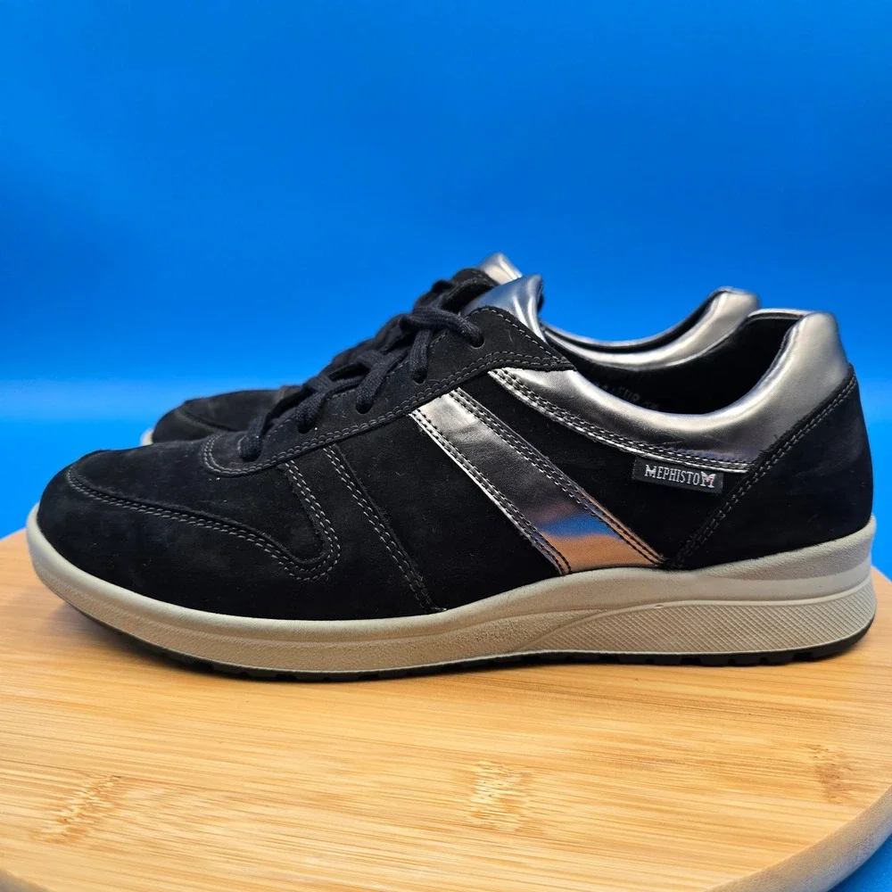 Mephisto Runoff Women's 9 Black‎ Suede Silver Metallic Walking Shoes Sneakers